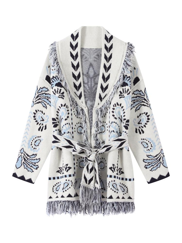 Damen Quasten V-Ausschnitt Strickjacke Damen Ethno-Stil Strickjacke Damen Warmer Taillenstrickpullover Herbst und Winter S