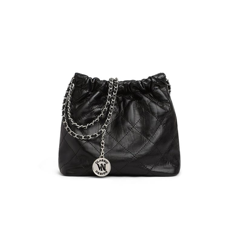 Eimer Tasche Damen Neuer Stil Damen Tasche Echtes Leder Umhängetasche Ketten Tasche Diamant Achseltasche Schultertasche black