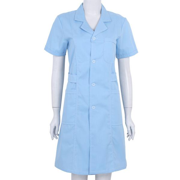 Frauen Erwachsene Einfarbig Kurzarm Hemd Kleid Krankenhaus Krankenschwester Peeling Mantel Uniform Kleid L blau