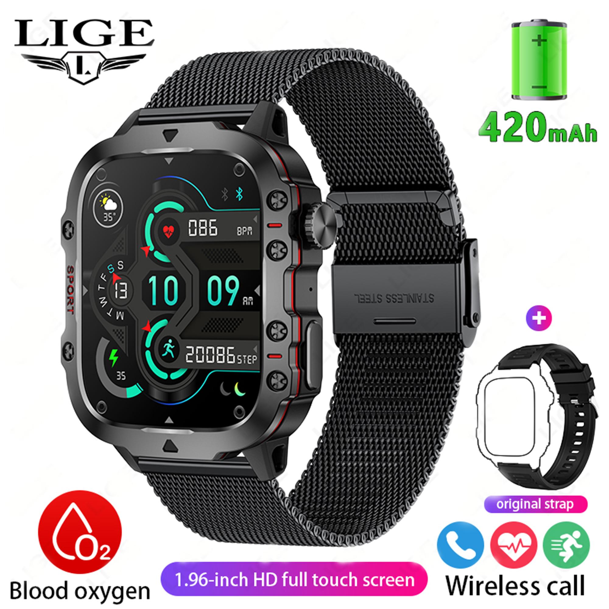 LIGE 1,96-Zoll-HD-Smartwatch mit quadratischem Bildschirm, kontinuierliche Herzfrequenz-Gesundheitserkennung, Smart-Armband, Outdoor-Sport, wasserdichte Fitness-Smartwatch Mesh belt schwarz