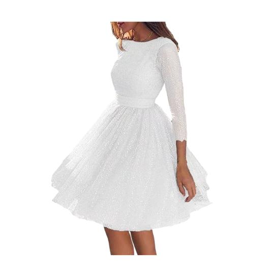 Glitzerndes Sternen-Tüll-Ballkleid für Damen Langärmlig Rundhalsausschnitt Formelles Abendkleid Mesh Cocktailparty Kurzes Kleid S weiß