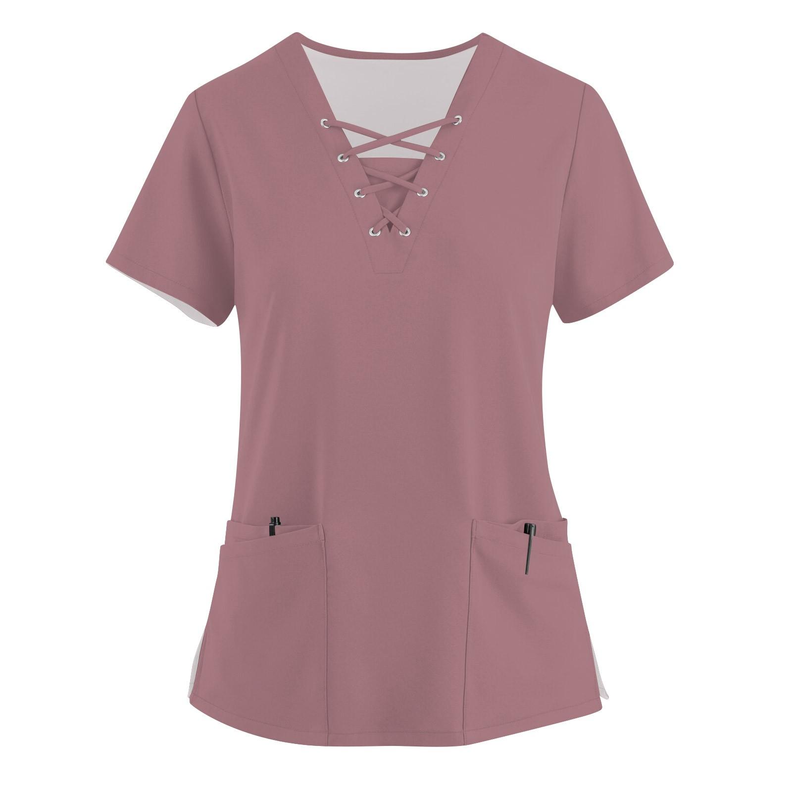 Modische Damen-Arbeitskleidung mit V-Ausschnitt, kurzen Ärmeln, Kordelzug und Taschen, einfarbige Oberteile und Schutzkleidung XL rose gold