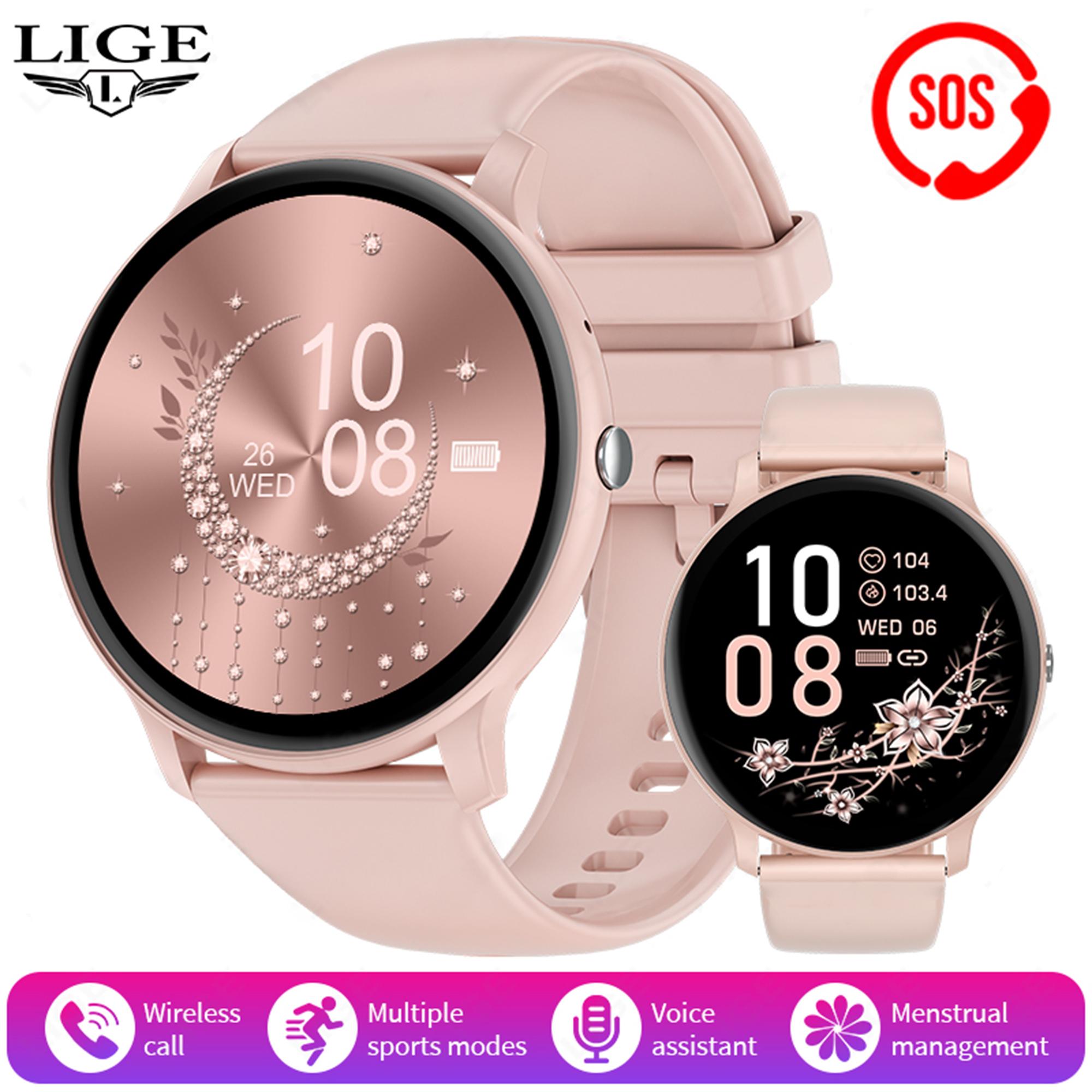 LIGE Smartwatch, Bluetooth-Anruf, Sprachassistent, wasserdichte Smartwatch, Outdoor-Übungen, Fitness-Armband, geeignet für Android IOS silicone strap rosa