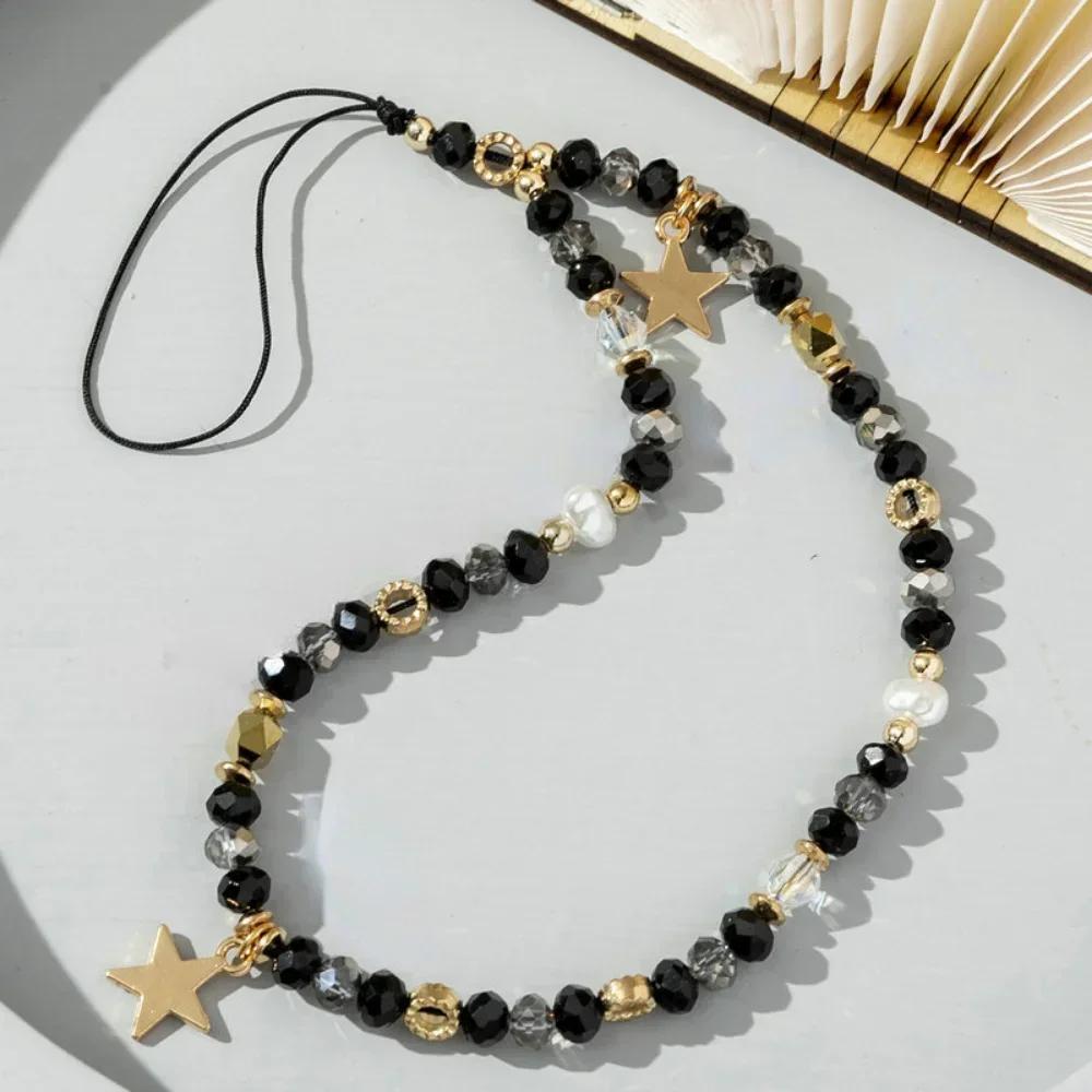 Acryl-Handykette mit fünfzackigem Sternanhänger und Perlen, Telefon-Lanyard, Handy-Hängeseil für Damen, Modeschmuck schwarz