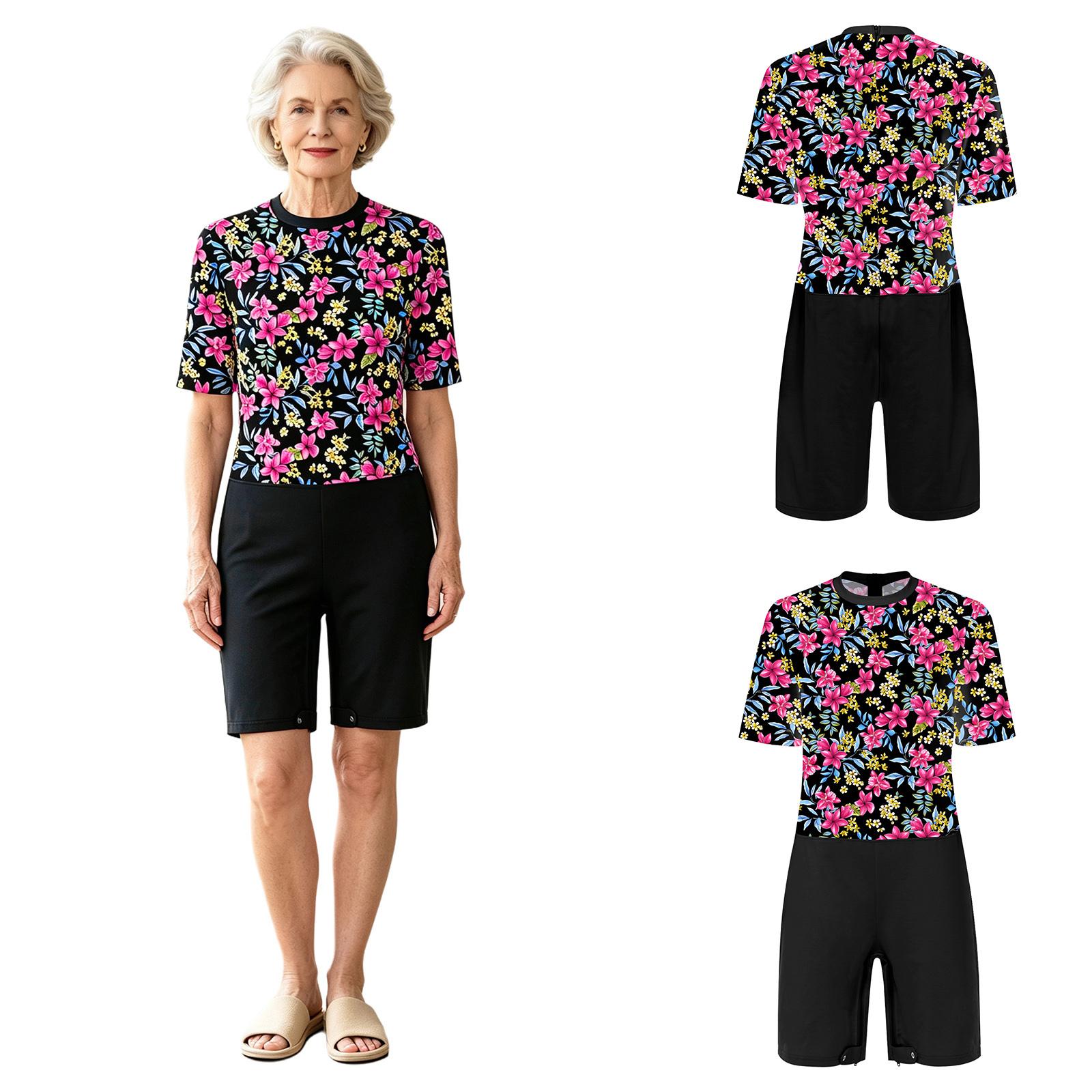 Damen Ältere Anti-Strip Adaptive Strampler Floral Bedruckt Kurzarm Reißverschluss Hinten Schrittreißverschluss Strampler Loungewear für Besondere Bedürfnisse Tägliche Pflege XL schwarz