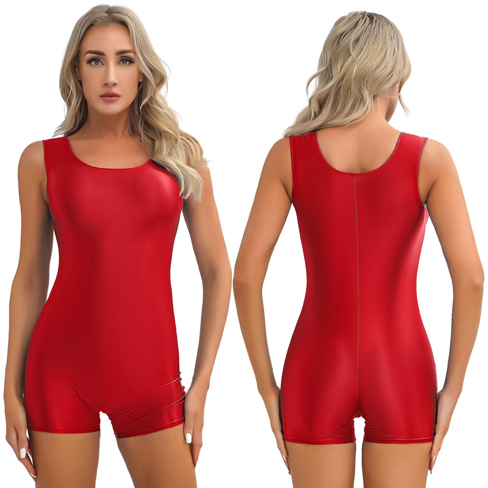 Damen-Overall, glänzend, ärmellos, kurz, einfarbig, dehnbar, U-Ausschnitt, Body für Yoga, Tanz, Bodybuilding, Badeanzug, Schwimmen XL