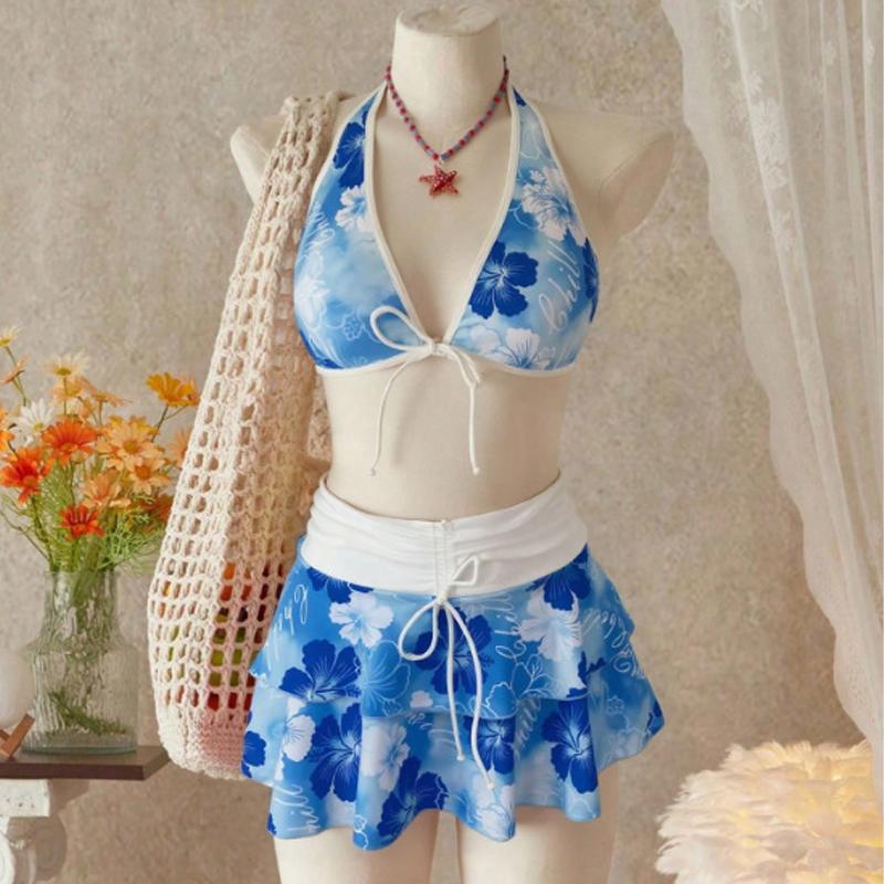 Eleganter Floral Color Block Badeanzug Damen Dreieck Neckholder Hohe Taille Bikini Set Überwurf Rock Micro Bikini Dreiteilig XS blau