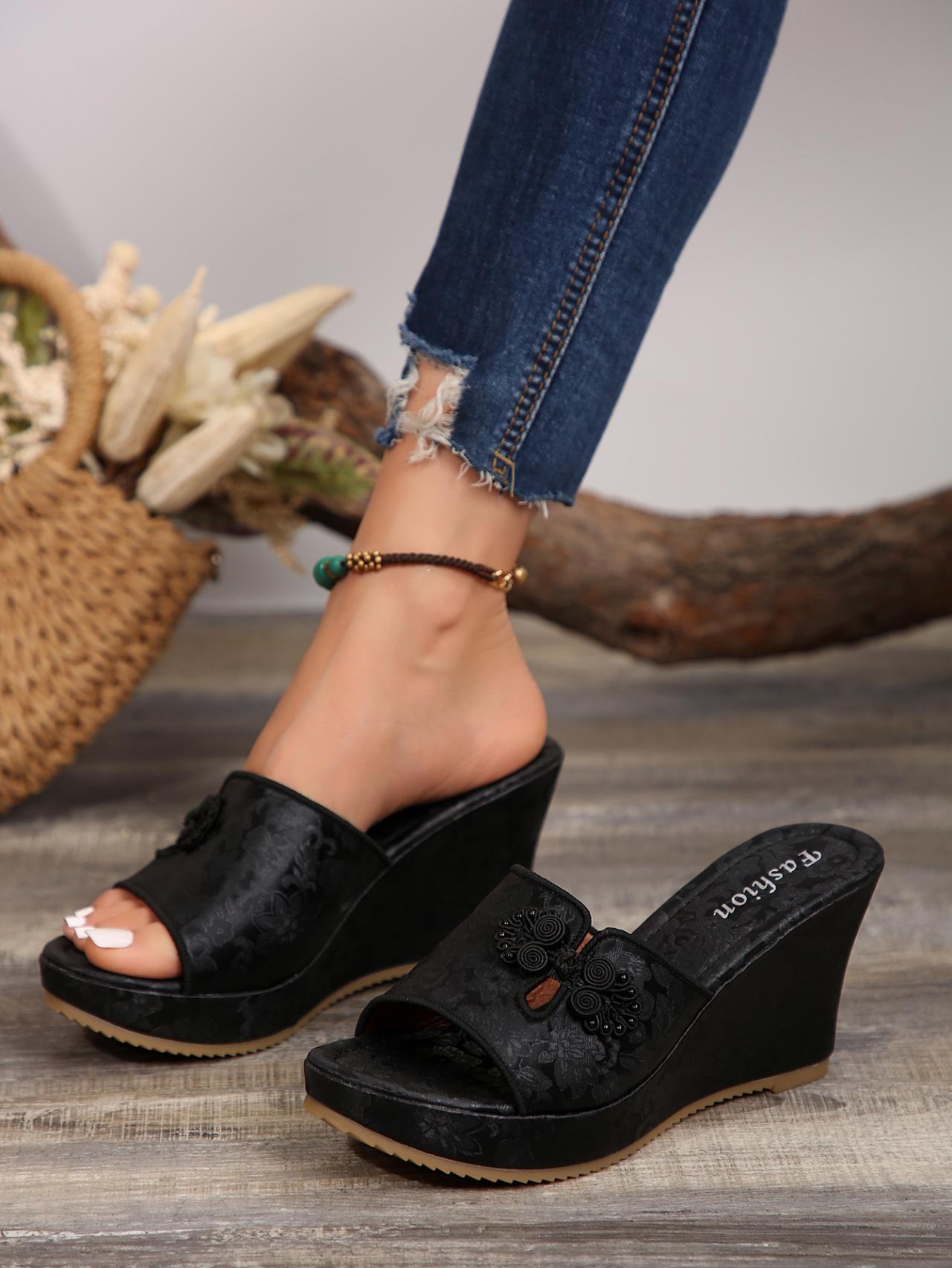 Mode Keile Sandalias De Mujer Nationalen Stil Stickerei Sommer Mode Vielseitige Dicken Boden Sandalen Hausschuhe Casual Damen Schuhe 35 schwarz