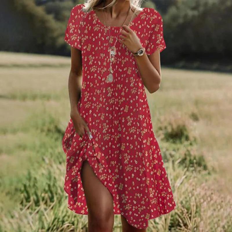 Damen Sommerkleider im literarischen Ethno-Stil mit großem Rundhalsausschnitt und mittlerer Länge XL dunkelrote