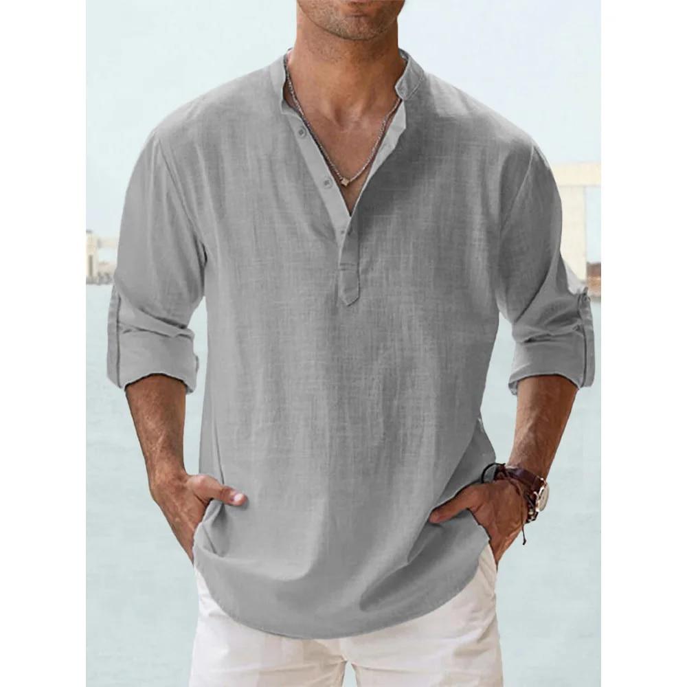 Neue Baumwoll-Leinen-Hemden für Herren, Freizeithemden, leichte Langarm-Henley-Strandhemden, hawaiianische T-Shirts für Herren, Streetwear US M 60-70 KG graue