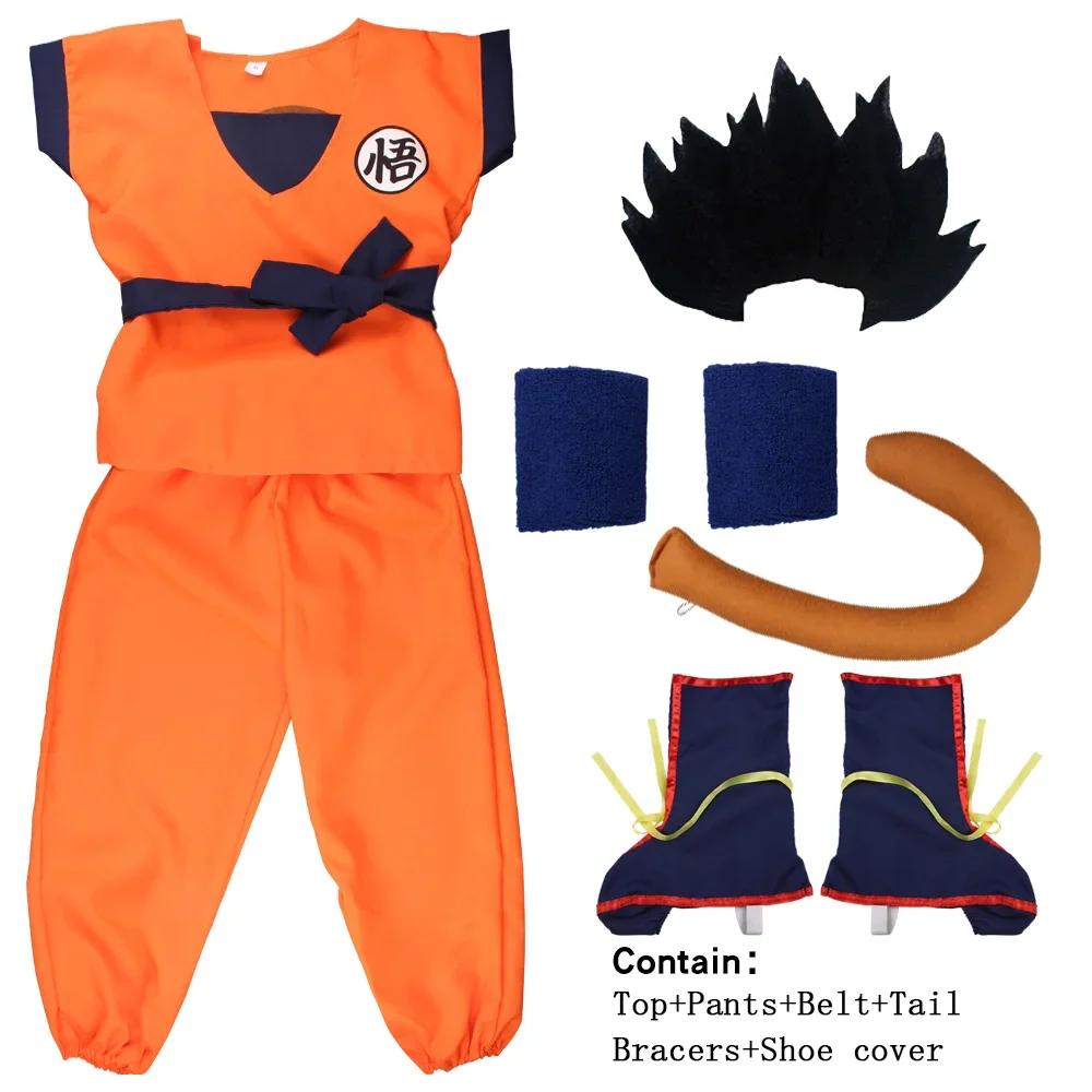 Kinder Anime Son Goku Cosplay Kostüme Krillin Trainingskleidung Superhelden Outfits mit Super Saiyajin Perücke Comic Con Party Kostüm  140cm schwarz