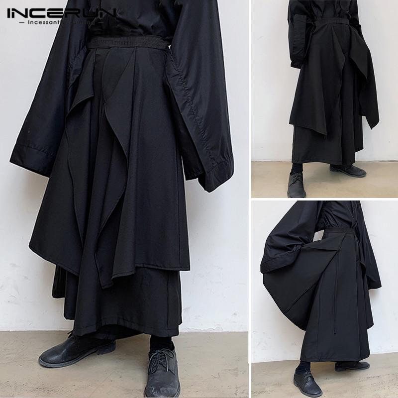 INCERUN Unregelmäßige Hip Hop Männer Gerade Rock Hosen Harajuku Streetwear Schwarz Plissee Schürze Gothic Jogger Hosen S schwarz