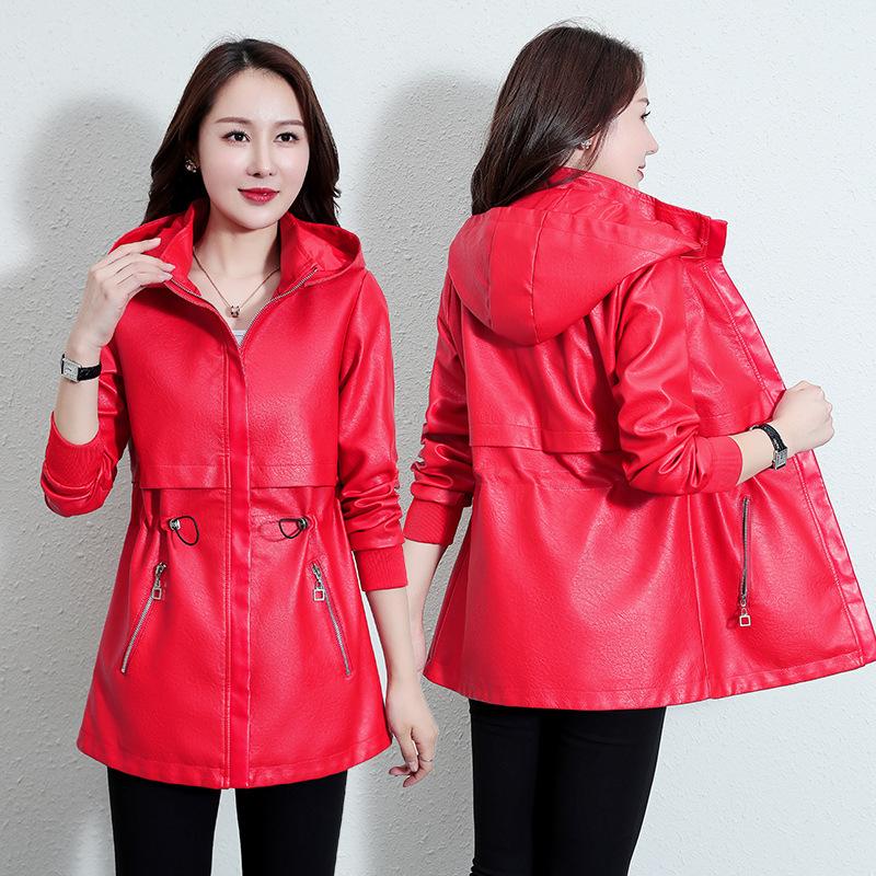 Damen-Lederjacke, mittellanger Mantel, lässige Lederjacke XXXXL rot