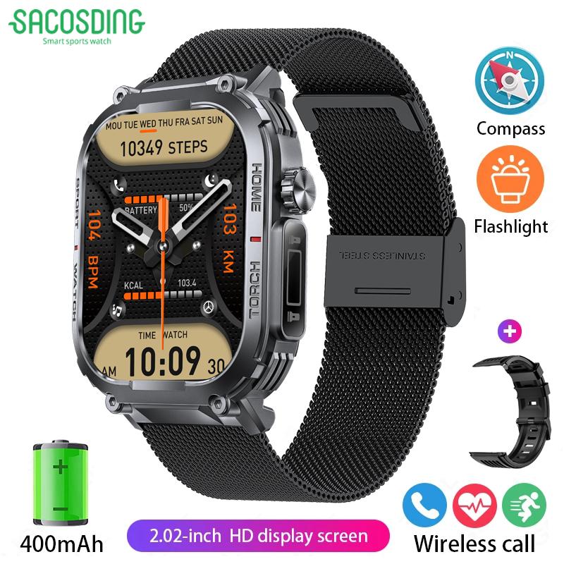 2024 SmartWatch für Männer, 3 ATM wasserdicht, mit Anruf/LED-Taschenlampe, 2,02-Zoll-HD-Bildschirm, Smartwatch, Kompass, Fitness-Tracker, HR/Blutdruckmessgerät, Uhr black