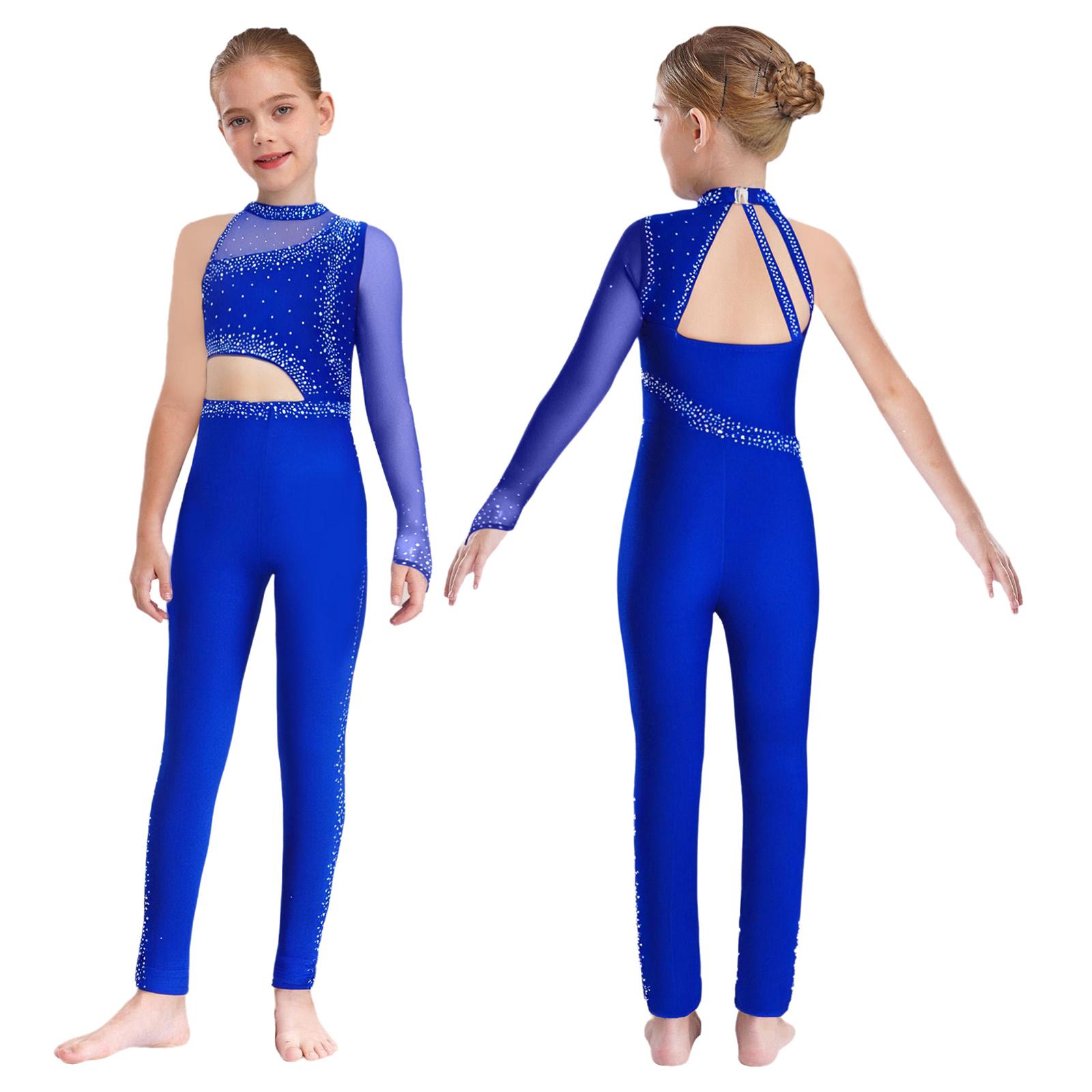 Mädchen Ein-Schulter-Gymnastik-Jumpsuit Durchsichtiges Netz Funkelnde Strasssteine Ganzkörper-Leotard Ballett Eiskunstlauf Unitard Kostüme 5-6 Years königsblau