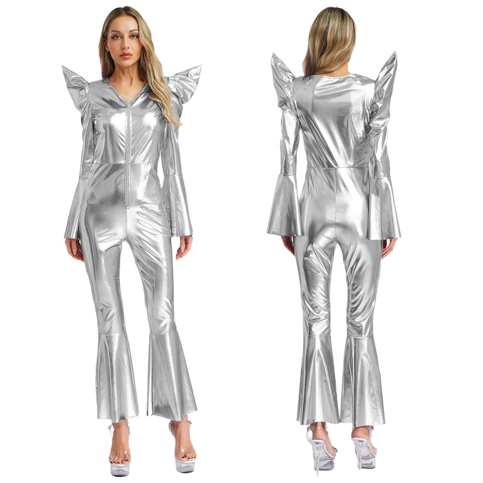 S-3XL Damen Disco Jumpsuit Halloween Kostüm: Glänzender metallischer Langarm-Rüschen-Overall mit hoher Taille, Schlaghosen und Reißverschluss vorne S silber