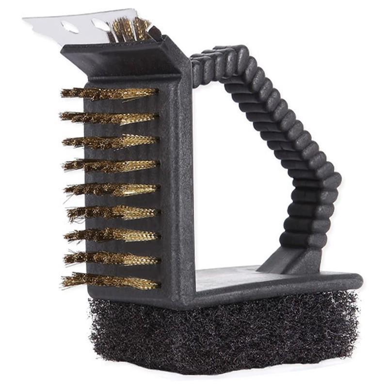 3-in-1-BBQ-Grill-Reinigungsbürste, Grill-Reinigungsset, Reinigungswerkzeug mit integriertem Stahlschaber, Metallborsten und Schwamm