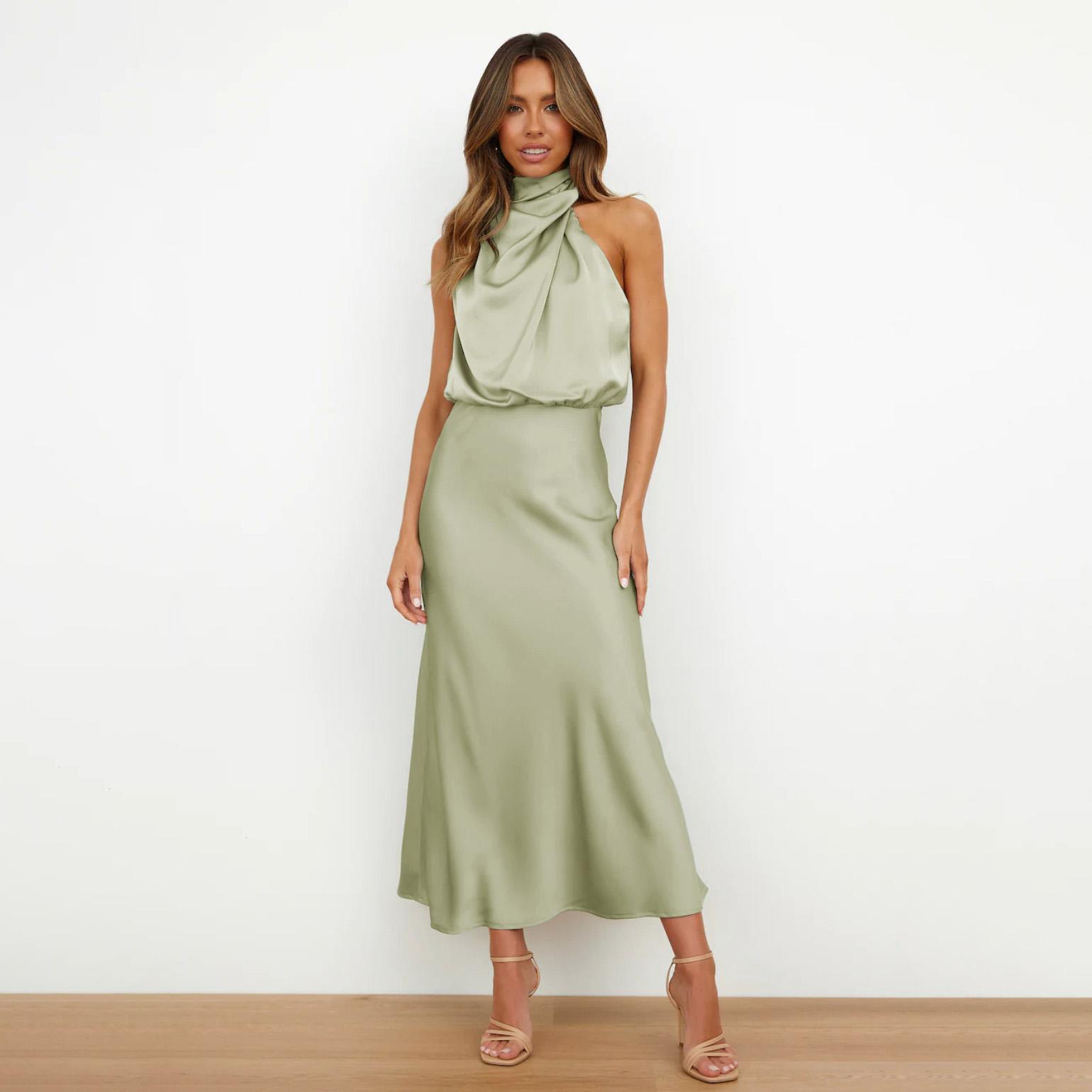 Damen-Sommer-Abendkleid, ärmellos, elegant, Neckholder, A-Linie, hohe Taille, lange Kleider, einfarbig L hellgrüne