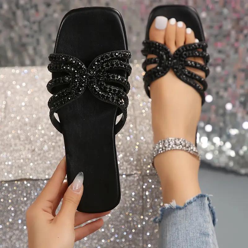 Damen Slide-Sandalen mit Strass-Dekor, lässig, quadratisch, offene Zehenpartie, flache Sommerschuhe, leichte Slide-Sandalen 38 schwarz