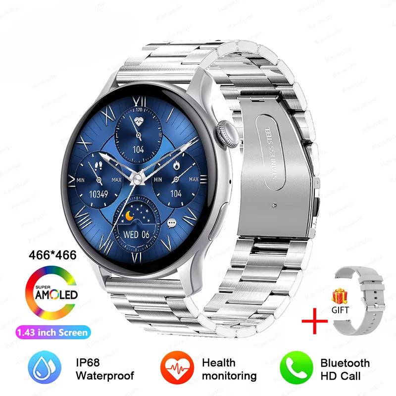 2025 Neue NFC GPS Smartwatch Damen AMOLED Always-on-Display BT Anruf Herzfrequenz Blutdruck Fitness-Tracker Smartwatch 66*466 HD Bildschirm Steel belt silber
