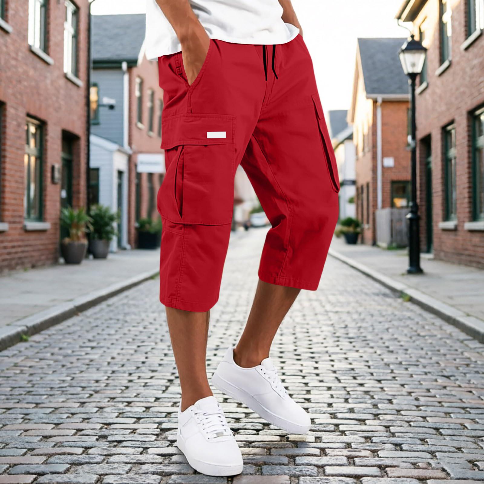 Herren Cargo-Capri-Hose mit Kordelzug und mehreren Taschen, lockere Passform, Dreiviertellänge, lässige Hose für den Alltag XXXXL weinrot