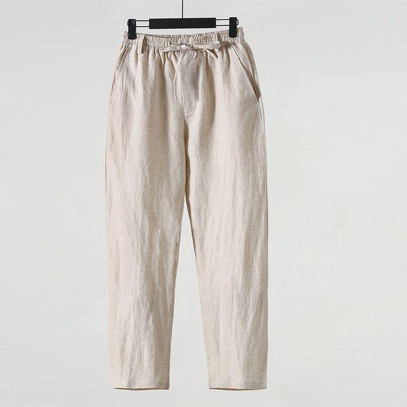 Mode Einfarbige Leinenhose Herren Locker Baumwolle Hanf Herren Freizeithose Herren Sommer Gerade Hose Herren Kleidung XXXXXL beige