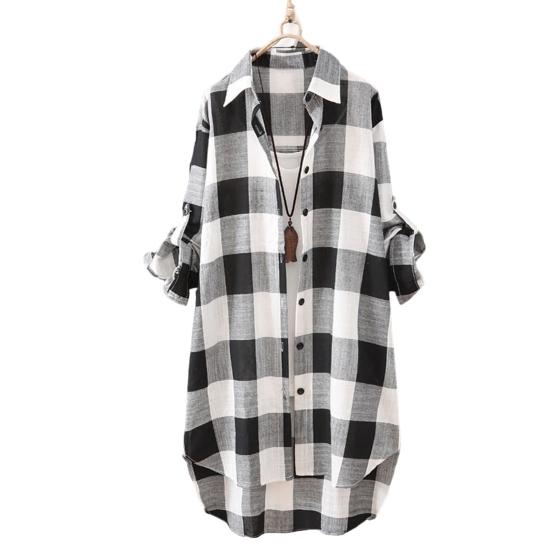 Frauen Hemd Plaid Print Kontrast Farbe Unregelmäßigen Saum einreiher Langarm Revers Übergroßen Weiche Atmungsaktive Dame Lange Top XL schwarz weiße