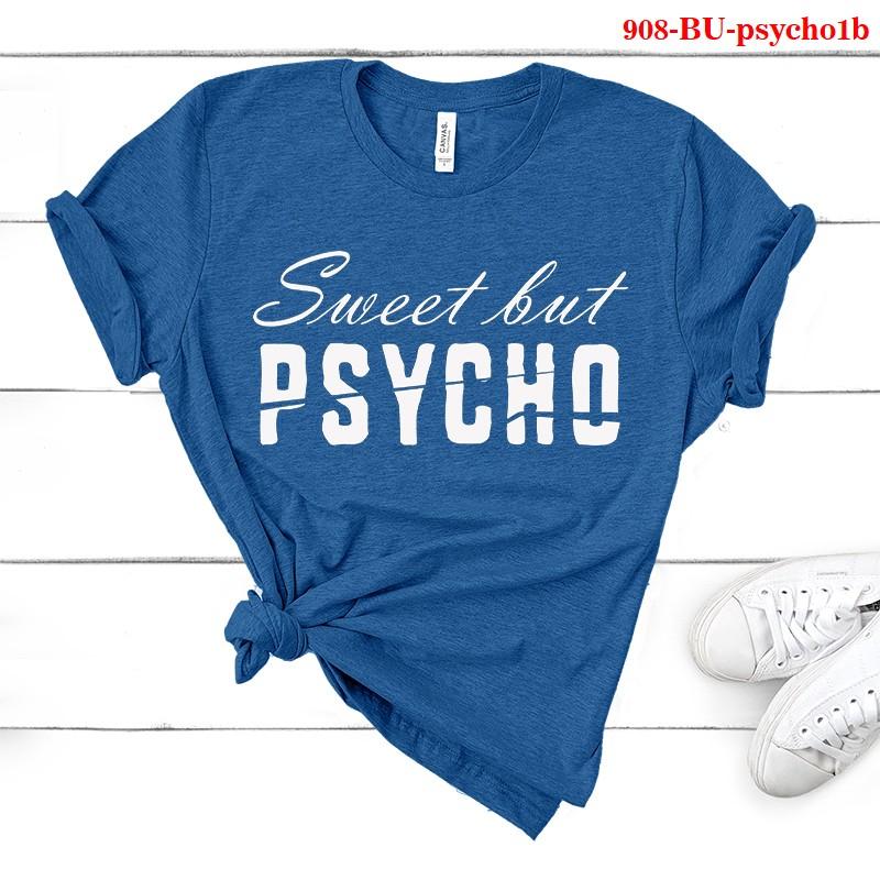 Damenmode Casual O-Ausschnitt Kurzarm T-Shirts Sweet But Psycho Print Tops Sommer weiche Shirts XXL blau