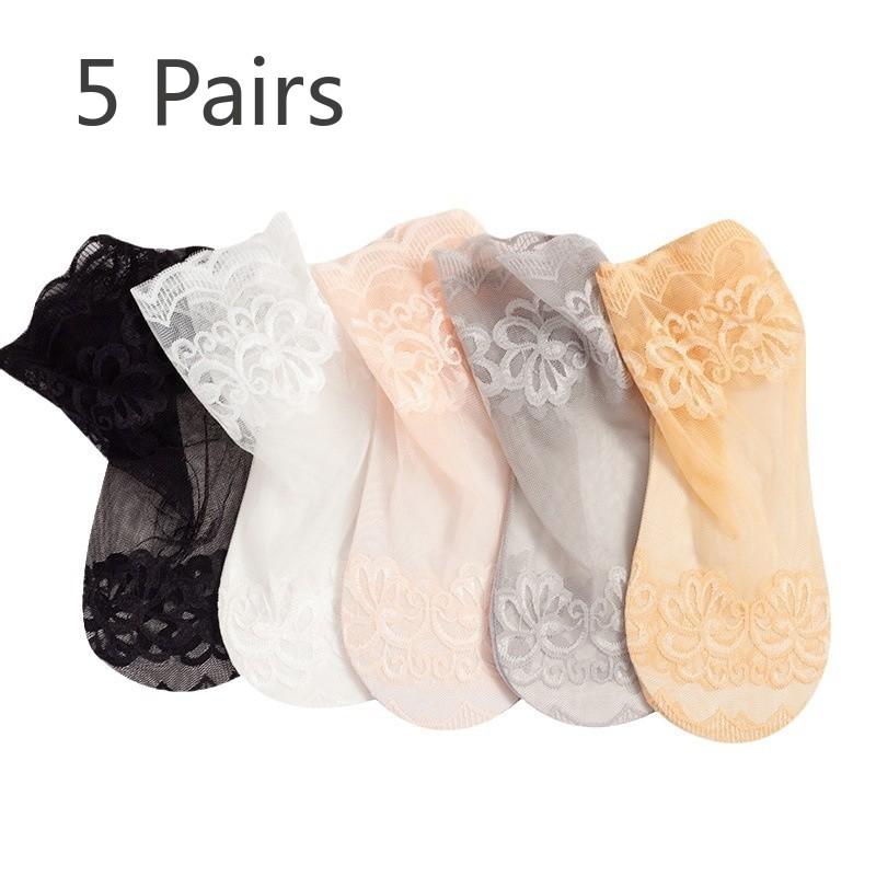 5 Paar Spitze Kurze Socken Damen Spitze Kurze Socken Netz Dünne Midtube Socken Frühling Sommer 5 Pairs schwarz