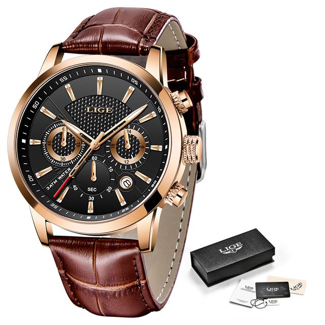 2022 LIGE Herren Uhr Top Marke Luxus Casual Leder Quarz herren Uhr Business Uhr Männlich Sport Wasserdicht Datum Chronograph gold/schwarz
