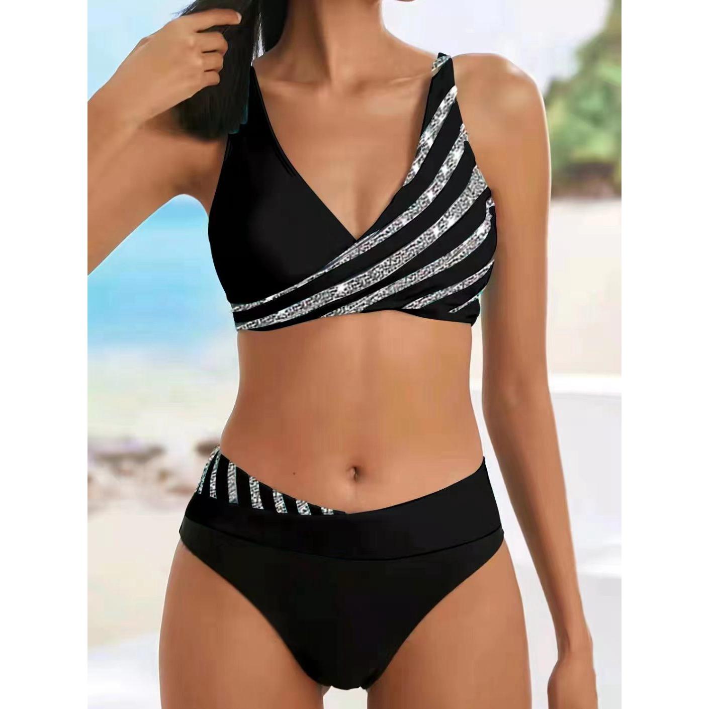 Frauen Bikini Set Bademode Badeanzug Bade Bademode Anzug Damen Bikini Set Sommer Schwimmen Anzug Zwei Stücke Patchwork Beachwear XL black