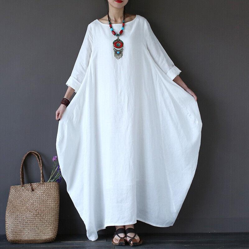 Damen Leinen Baumwolle Locker Baggy Lang Maxi Hemdkleid Roben Oberteil Mode 3/4 Ärmel Übergröße Rundhalskleid Ramadan 2XL weiß