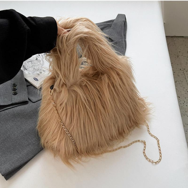 Yogodlns Weiche Plüsch-Damen-Umhängetaschen für den Winter, warm, modisch, Bonbonfarben, Kette, Umhängetasche, Handy-Geldbörse und Handtaschen 25x13x18cm khaki