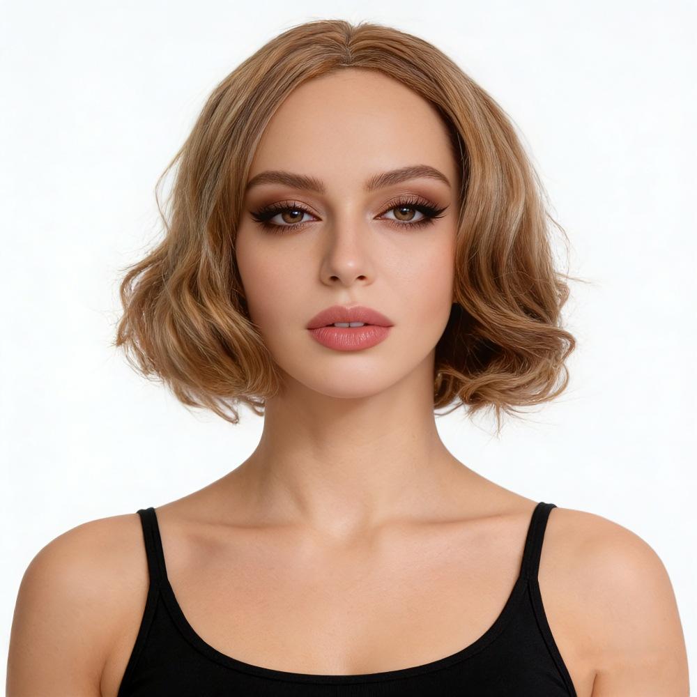 Damen Kunsthaar Kurze Goldbraune Flauschige Haare Natürliche Welle Blonde Perücken Für Tägliches Cosplay Hitzebeständige Faser goldbraune