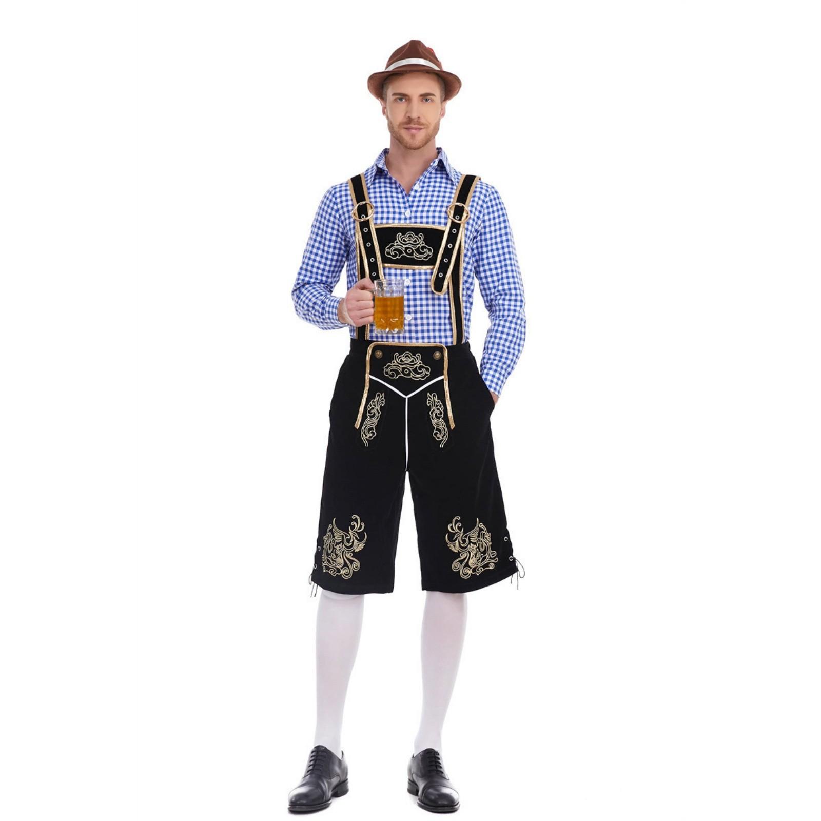 Herren Bayerische Oktoberfest Tracht - Kariertes Hemd & Hosenträgerhose Set L blau