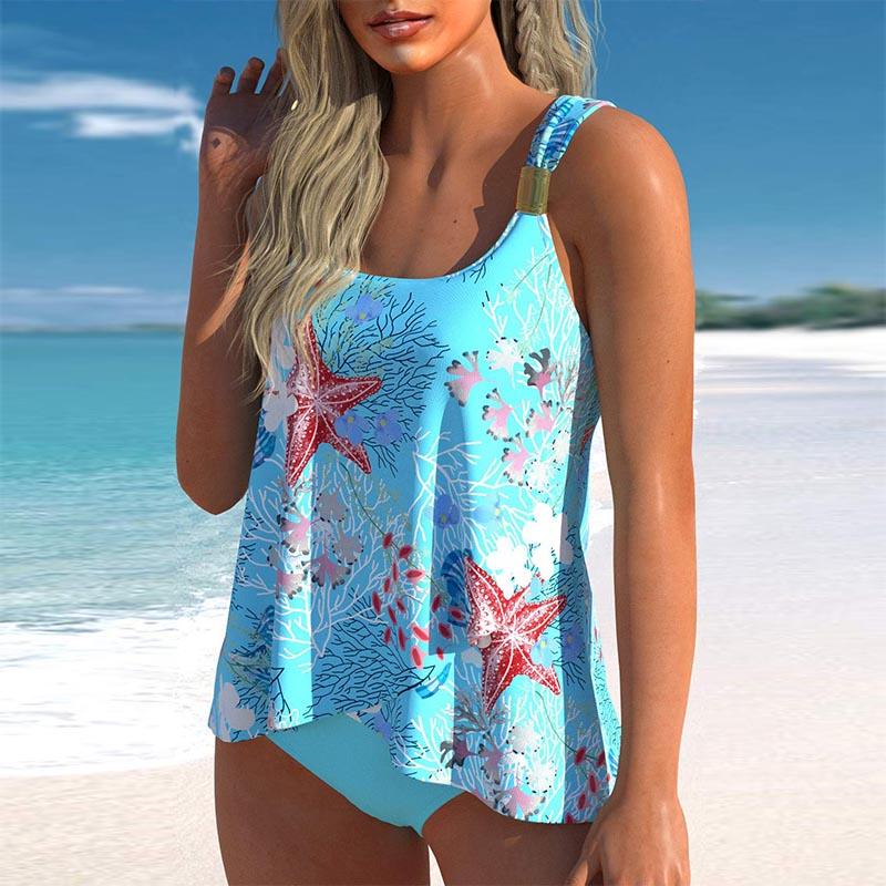 Damen-Badeanzug mit Schultergurten und Unterwasserpflanzen-Print, Bikini-Shorts, Tanktop-Badeanzug M blau