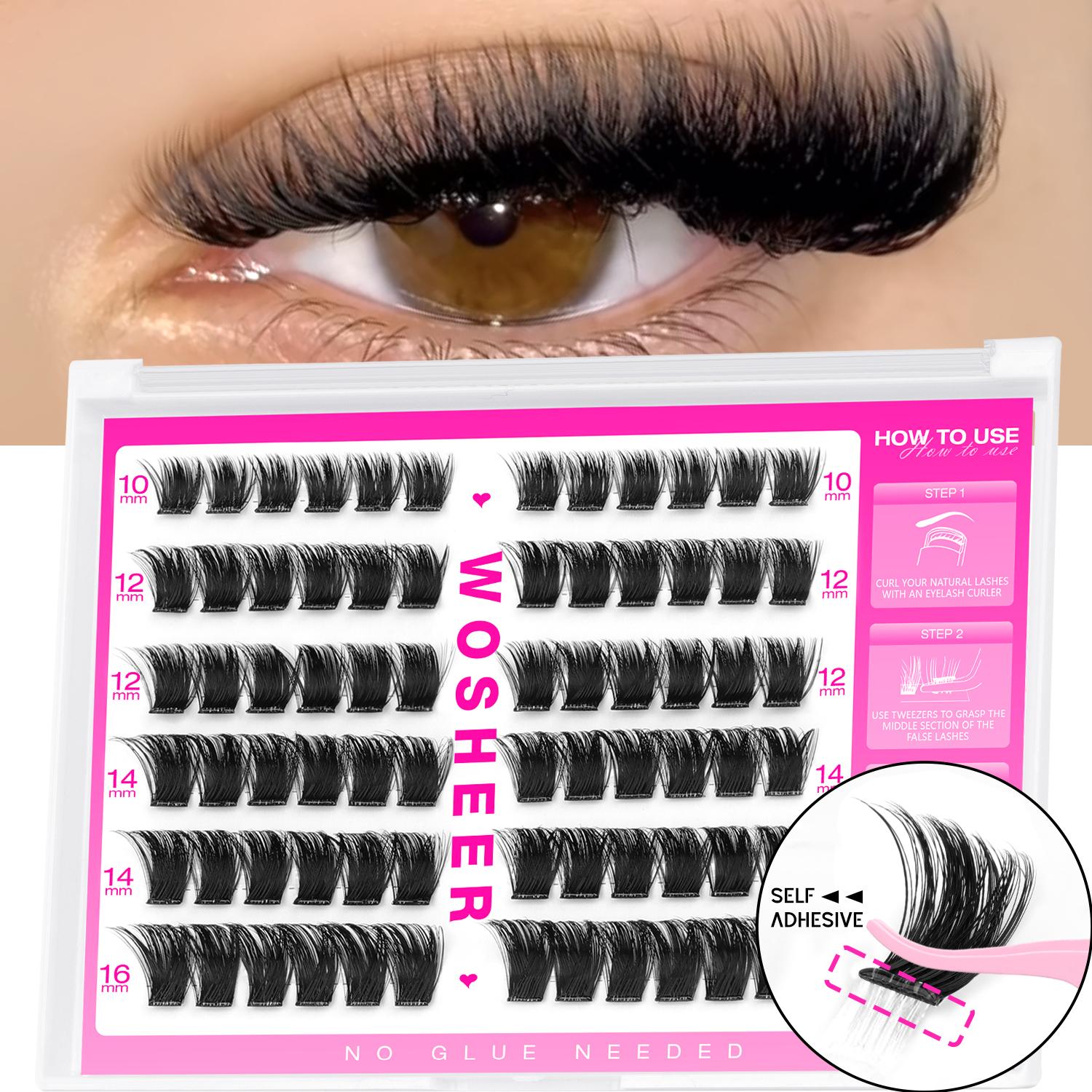 WOSHEER Selbstklebende Wimpern-Cluster Vorgeklebte Wimpern-Cluster Ohne Kleber Benötigt Wimpern Wispy Wimpernverlängerungen Einzelwimpern black