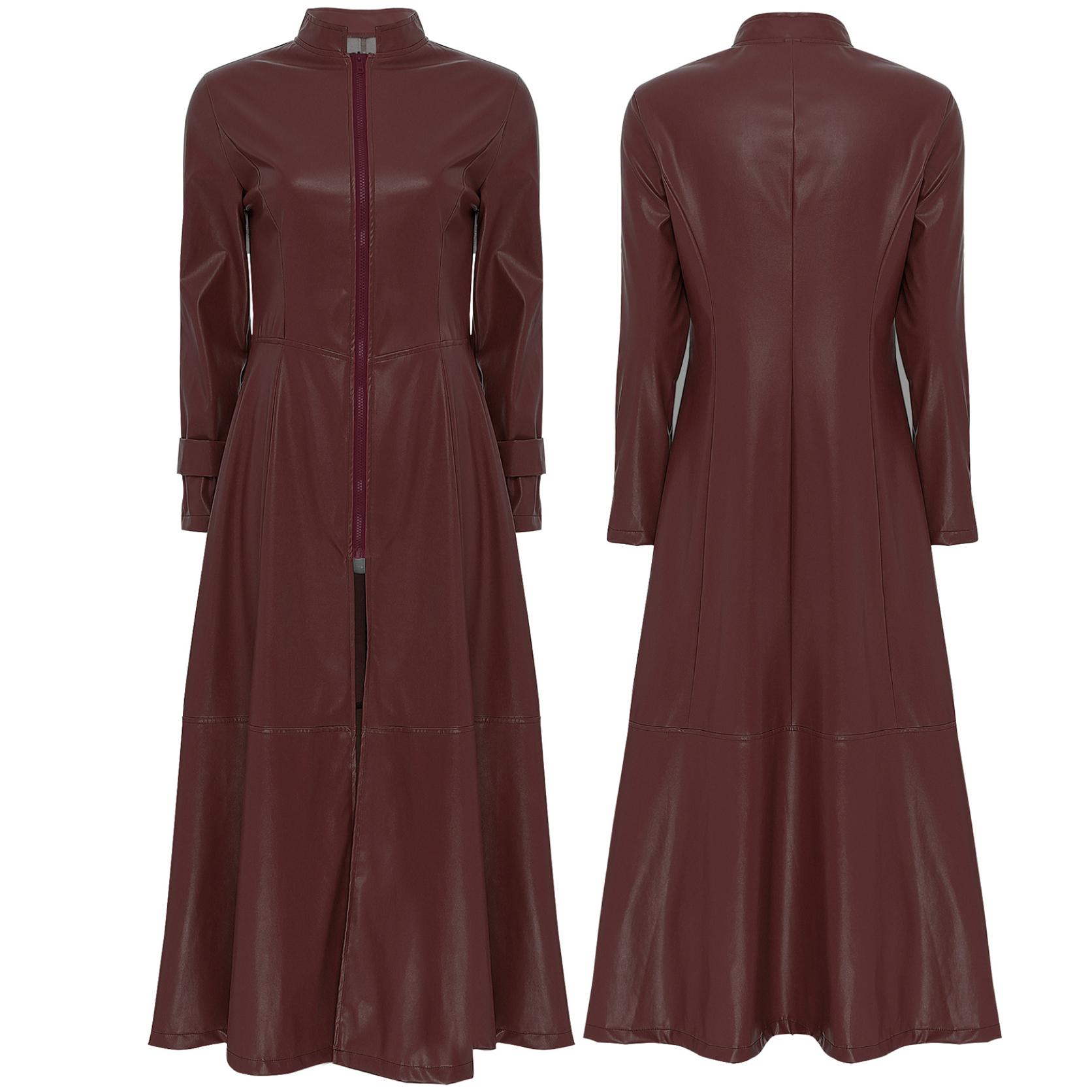 Steampunk-Stil, Gothic-Motorrad-Mantel, Disco-Party, langer Mantel, Kunstleder, Trenchcoat, Jacke, Umhang, Kleid, durchgehender Reißverschluss, knöchellang, für Damen und Herren S bordeaux