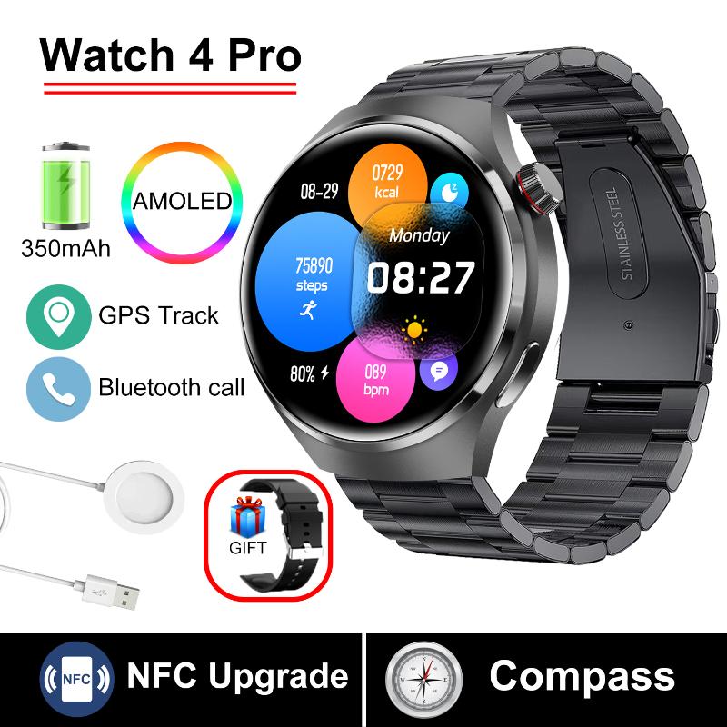 2025 Neue WATCH 4 Pro Gesundheits-Smartwatch Herren 360*360 AMOLED-Bildschirm NFC GPS-Tracker Kompass BT-Anruf Blutsauerstoff IP68 Sport-Smartwatch Steel belt schwarz