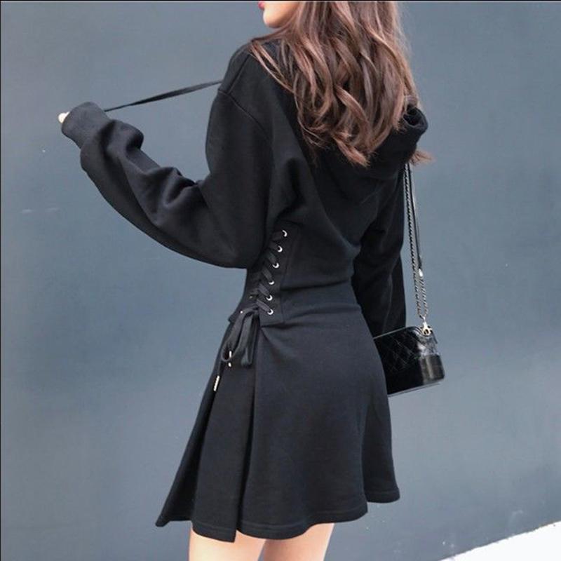 Streetwear Minikleid Damen Harajuku Kapuzenbandage A-Linie Kleider Frühling Herbst Koreanische Hohe Taille Schnüren Schlank Vestidos S schwarz