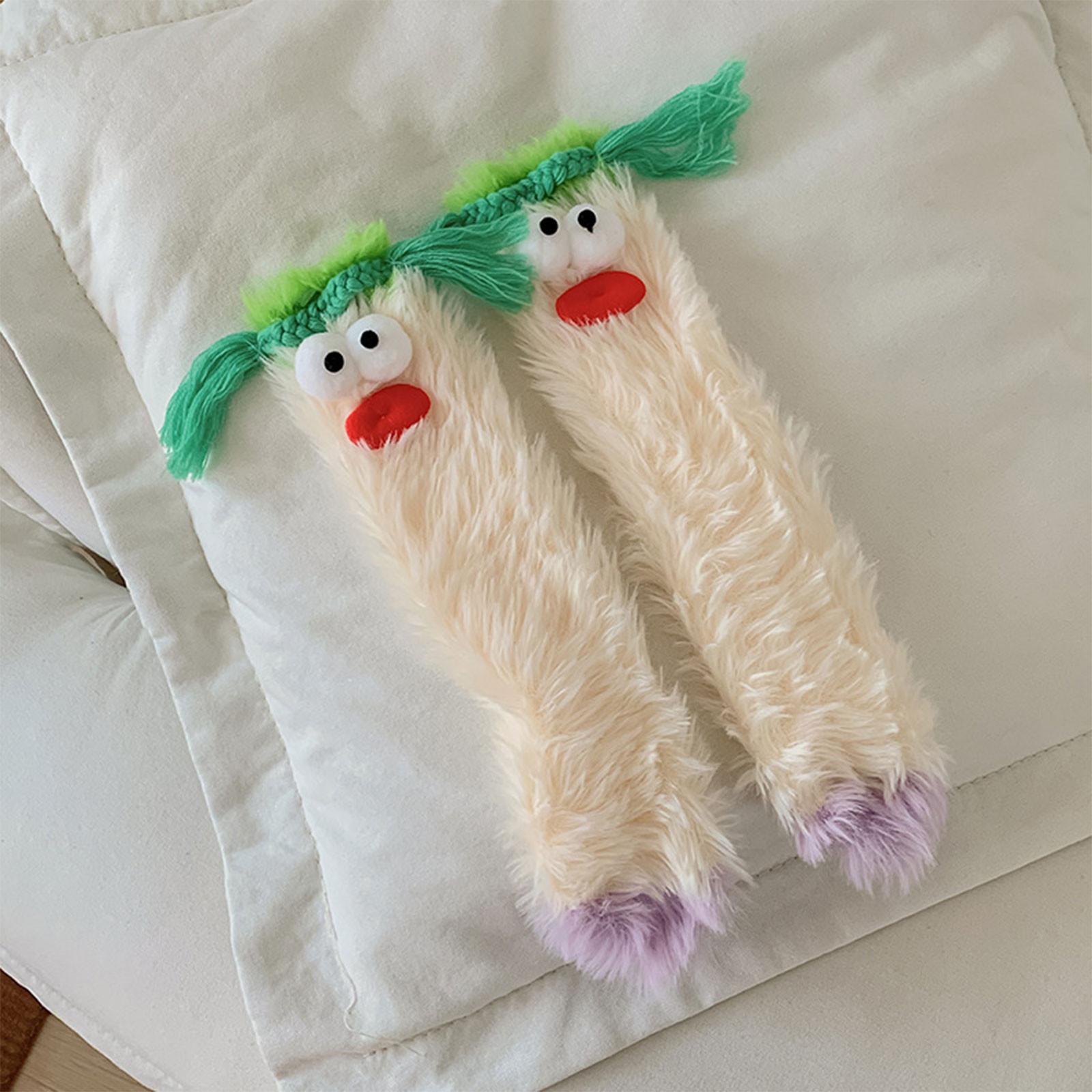 Warme, gemütliche, bauschige Cartoon-Monster-Socken, lustige flauschige Socken, weiche Winter-Schlafsocken, Cartoon-Plüsch-Monster-Socken für Mädchen und Frauen – Einheitsgröße One Size beige