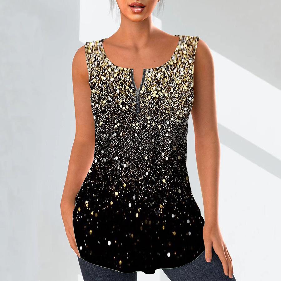 Damenmode V-Ausschnitt Shirts Casual Tops T-Shirt Damen 3D Flash Diamond Pattern Print Weste Plus Size Ärmellose Bluse Tank Tops 4XL gold
