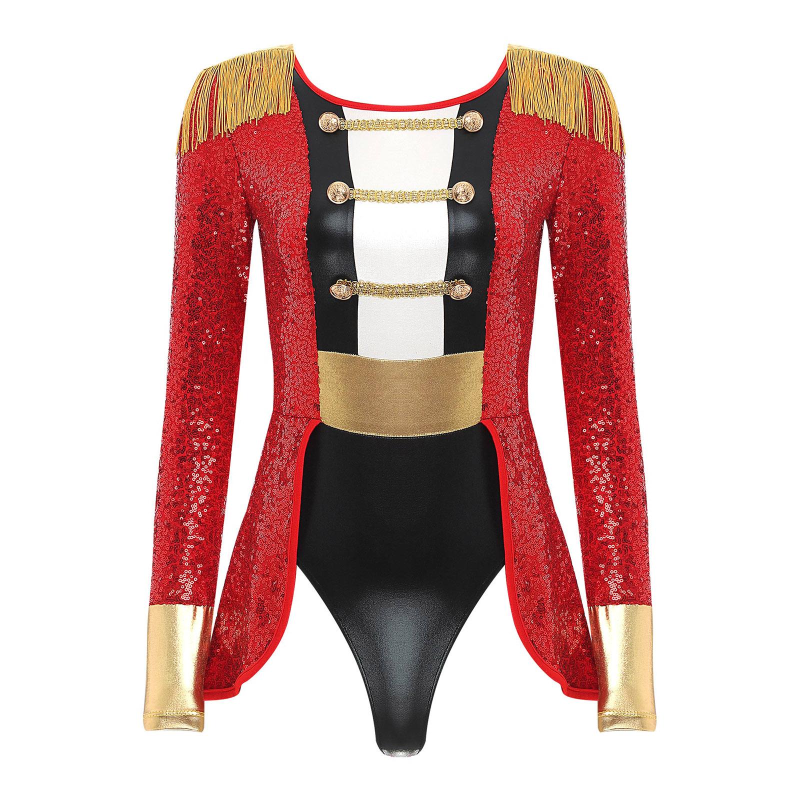 Damen Circus Ringmaster Cosplay Body Langarm Allover Pailletten Schwanz Overall Halloween Festival Kostüme XL rot