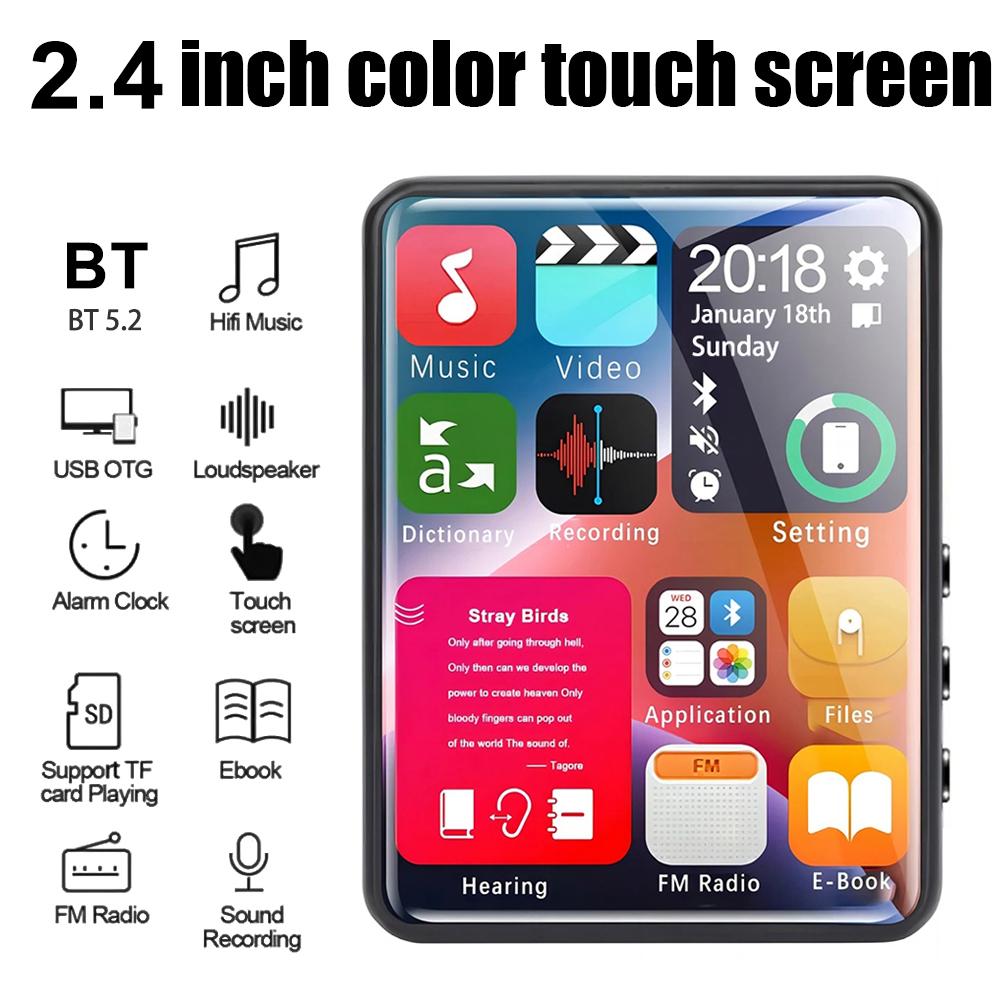 2,4-Zoll-MP3-Player mit Vollbild-Touchscreen, Mini-MP4-Player mit Bluetooth, 4–128 GB, Hi-Fi, HD, verlustfreie Aufnahme, FM-Radio schwarz