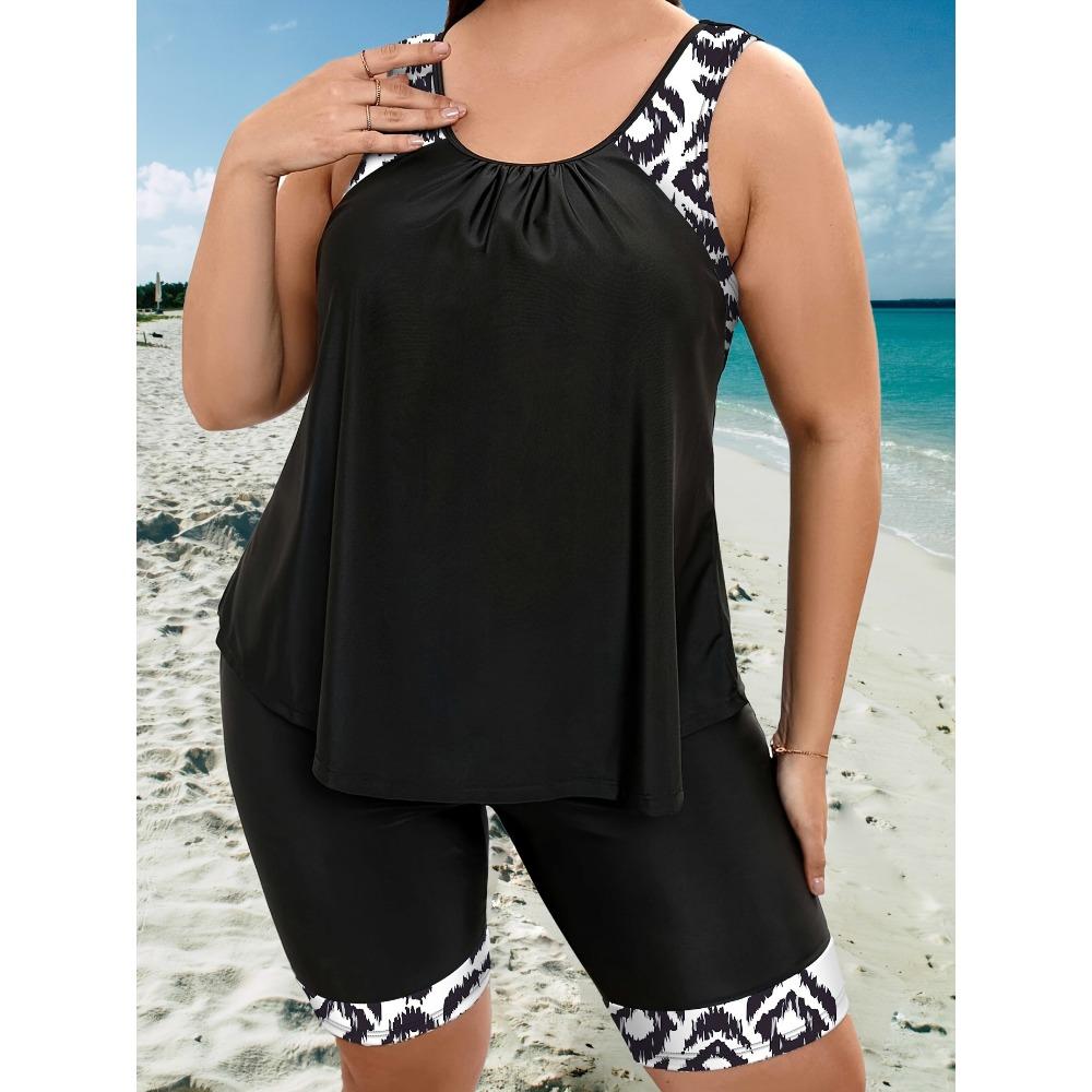 Tankini-Set in Übergröße, schlichtes Tankini-Set für Damen in Übergröße, Rundhalsausschnitt, Tanktop und Shorts mit Grafikdruck, 2-teiliges Set 1XL(14) schwarz