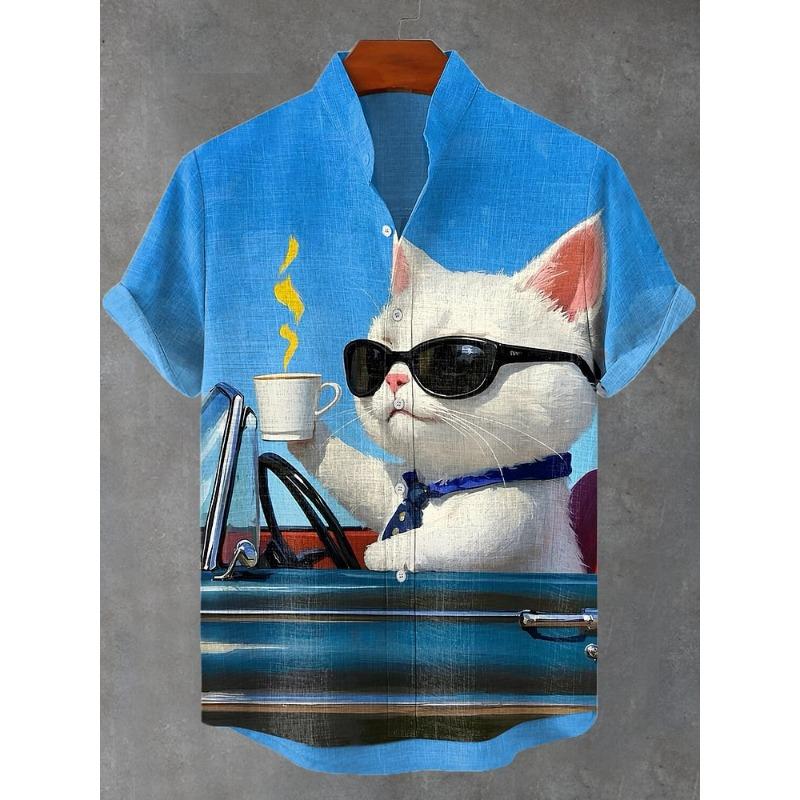 Herren Katze trinkt Bier Hemden Hawaiianische Hemden Sommer Herren Damen Kurzarm Bluse Lässig Urlaub Strand Y2k Oberteil M blue