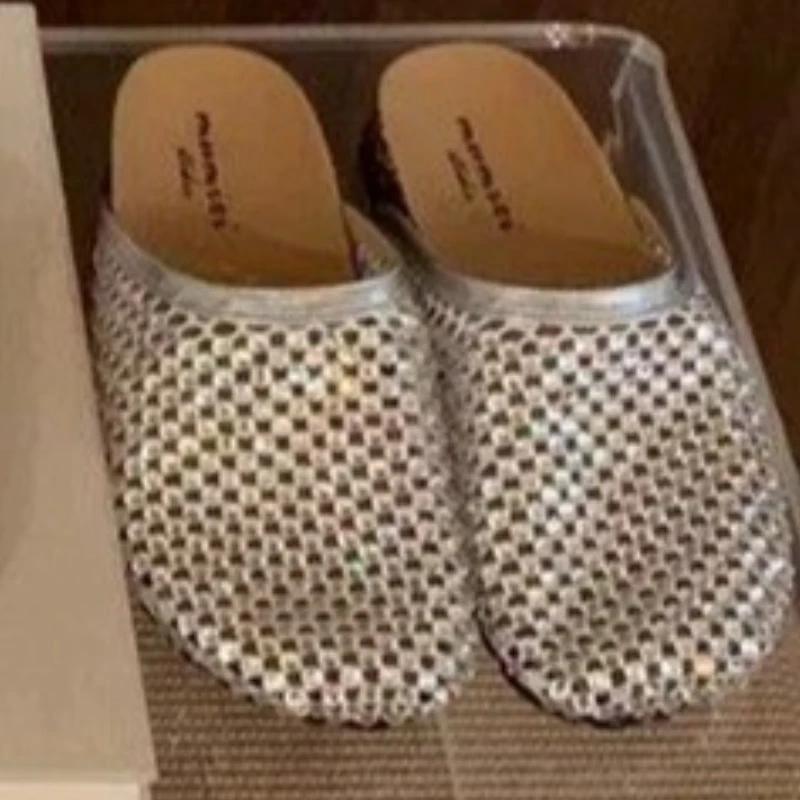 Mode Kristall Damen Flats Slipper Lässige Mode Pantoletten Schuhe Slingback Damen Sandalen Sommer 2025 Neuer Trend Strand Frau Flip Flops 37 silber