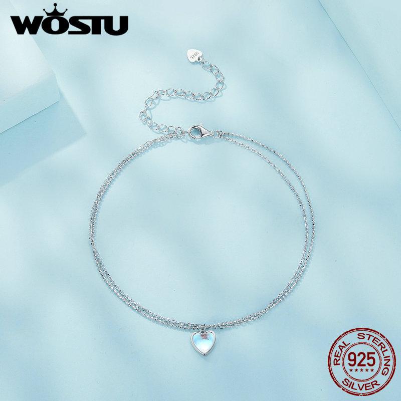 WOSTU 925 Sterling Silber Einfaches herzförmiges doppellagiges Fußkettchen Minimalistisches Schmuckgeschenk 925 silver