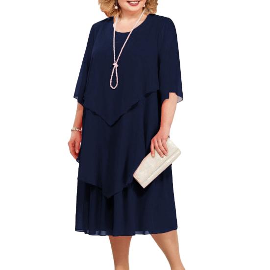Midikleid mit Rundhalsausschnitt, Halbarm, mehrlagigem Saum, fließendes Party-Hochzeitskleid für Gäste 2XL navy blau