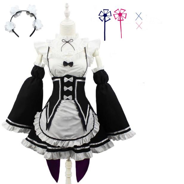 Anime Ram Rem Lolita Maid Cosplay Kostüme Vestido Re:Zero Kara Hajimeru Isekai Seikatsu Halloween-Kostüme für Damen, Loli-Kleid S gray